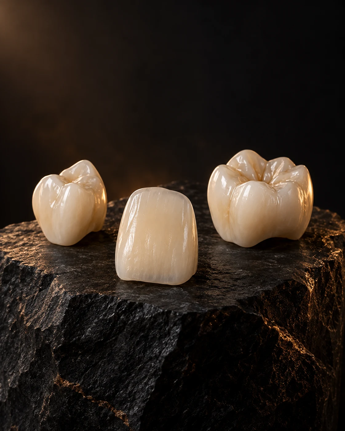 Koyu taş üzerinde porselen dental restorasyonları gösteren konsept görsel